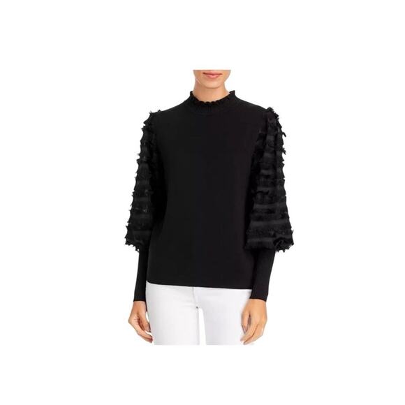 $125 Women’s Large Sioni Milano Black Sheer Tassel Fringe Long Sleeve Sweater - Picture 1 of 3